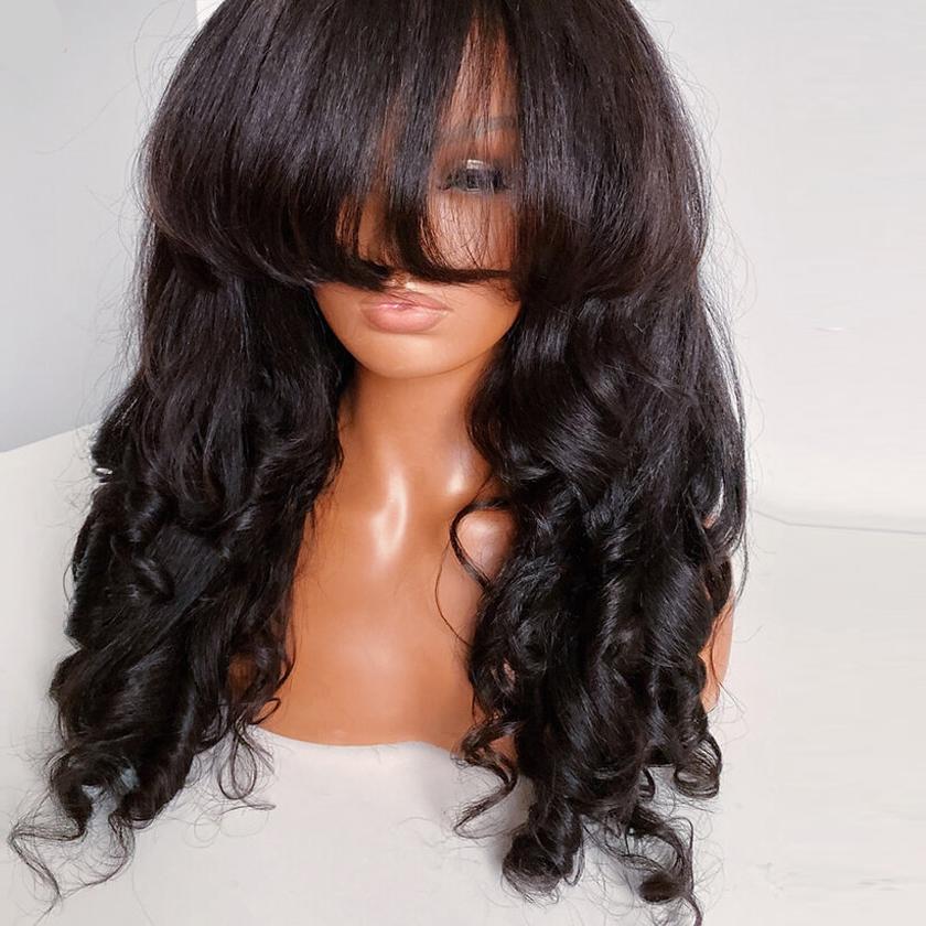 Waved Human Hair Wig with Bang