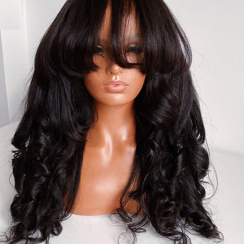 Waved Human Hair Wig with Bang