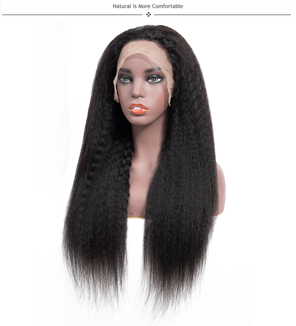 Black Long Kinky Straight Lace Remy Human Hair Wig