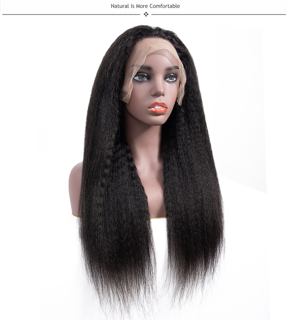 Black Long Kinky Straight Lace Remy Human Hair Wig