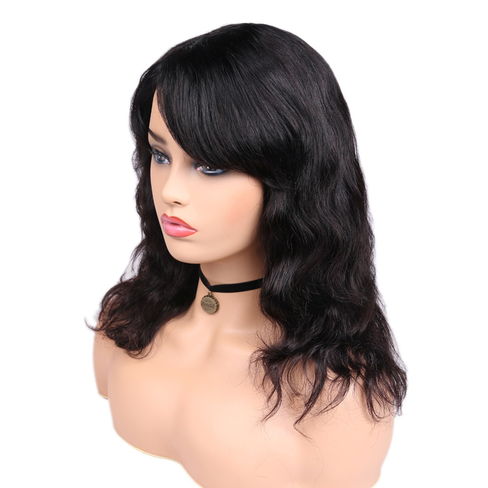 Black Wavy Bangs Bob Remy Human Hair Wig