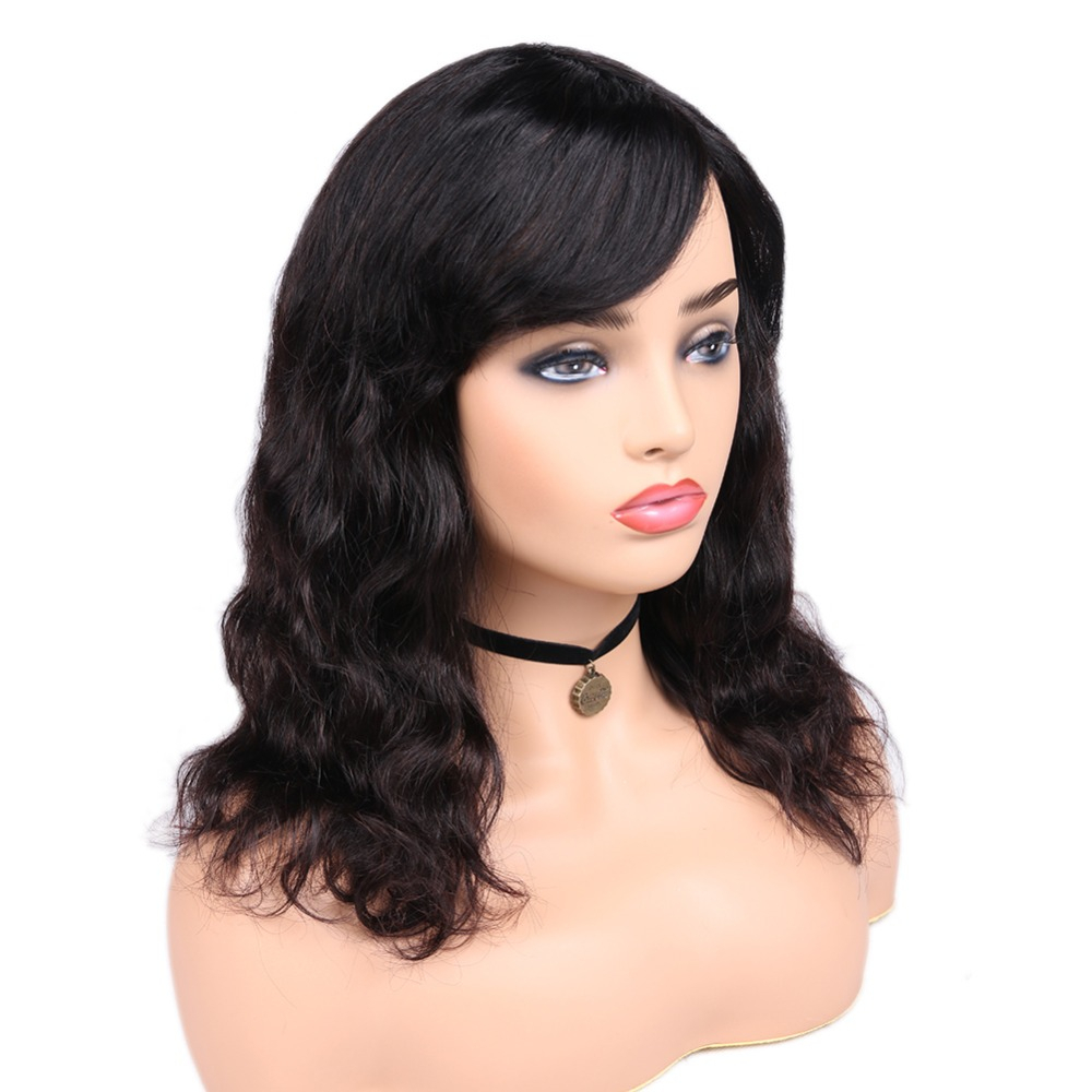 Black Wavy Bangs Bob Remy Human Hair Wig